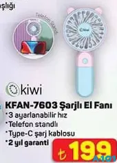 KİWİ KFAN-7603 ŞARJLI EL FANI VANTİLATÖR